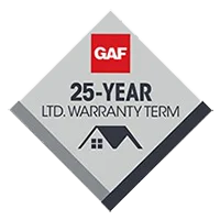 Diamond shaped GAF 25-year limited warranty badge for roofing products