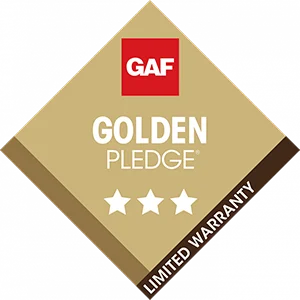 Gold GAF Golden Pledge limited warranty badge with three stars