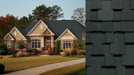 Large home with dark architectural shingle roof beside close-up of layered shingles