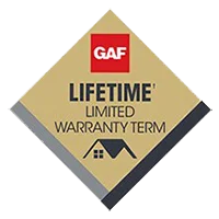 A gold GAF lifetime limited warranty badge for roofing systems