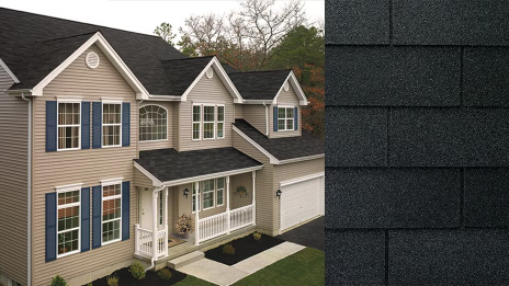 Beige two-story home with dark shingle roof beside close-up of roof shingles