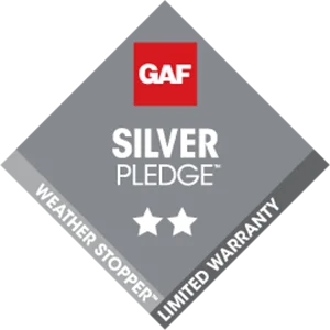 Gray GAF Silver Pledge Weather Stopper limited warranty badge with two stars