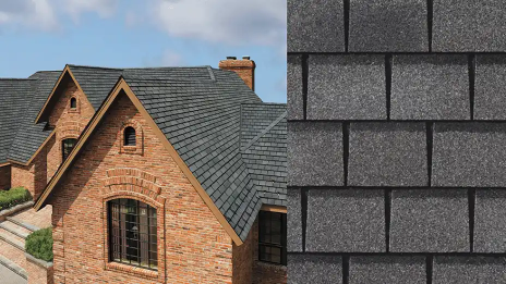 Brick home with dark gray shingle roof beside close-up of roof shingles
