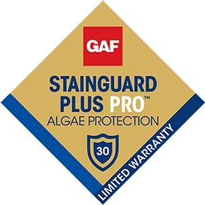 Gold GAF StainGuard Plus PRO algae protection warranty badge
