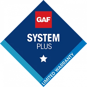 Blue GAF System Plus limited warranty badge with white star