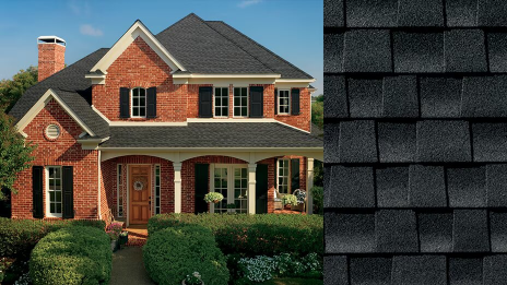 Brick home with dark asphalt shingle roof beside close-up of shingle pattern