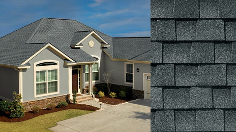 Gray home with asphalt shingle roof beside close-up of gray roof shingles