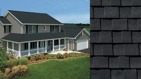 Two-story home with dark shingle roof beside close-up of asphalt shingles