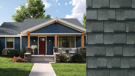 Blue home with gray asphalt shingle roof beside close-up of roof shingles