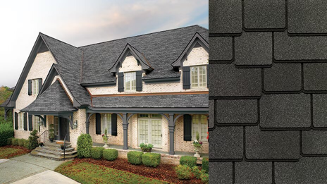 Large home with dark asphalt shingle roof beside close-up of shingle pattern
