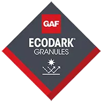 Gray GAF EcoDark granules badge with red border
