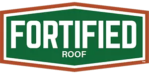 Green Fortified Roof certification badge with white text and orange border