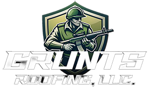 Grunts Roofing LLC logo with soldier holding rifle inside shield emblem