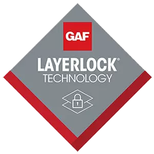 Gray GAF LayerLock technology badge with red border